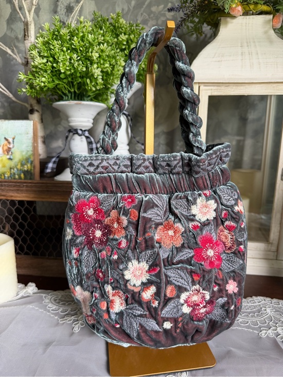 Johnny Was Handbags - Johnny Was Los Angeles Velvet Floral Embroidered Bucket Bag Purse - Gray & Pink